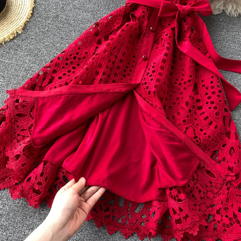 

Summer Lace Dress Women 2021 New Vintage Sexy Hollow Out Balck Mujer Casual Short Sleeve Beach Red Dresses Party Vestidos