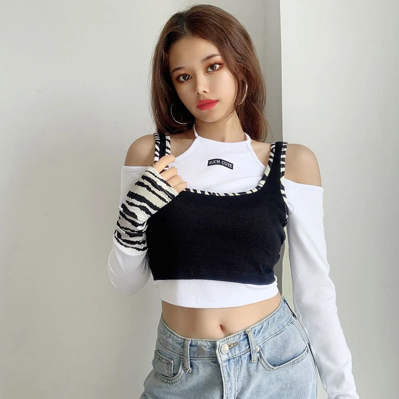 

Fall 2021 INS New Women's Crop Clothes Fake Two Piece Stitching Strapless Slim Long Sleeve Crop Top Casual Cotton Halter T Shirt