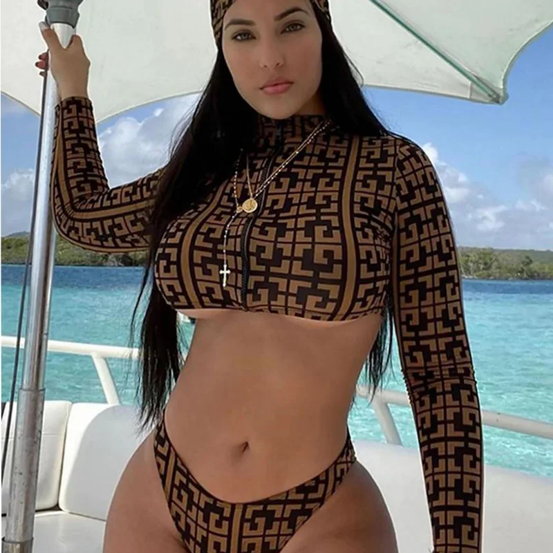 Комплект бикини с геометрическим принтом 3 предмета бандана на молнии Раздельный