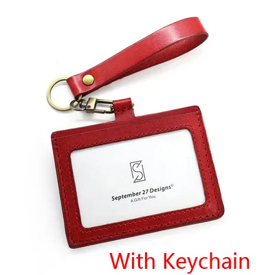 Red-Keychain Ремешок для ID бейджа, чехол из чистой натуральной кожи, держатель для кредитных/автобусных карт, аксессуары, брелок, топ из воловьей кожи, кошелек для монет и ID - Цвет: Red-Keychain