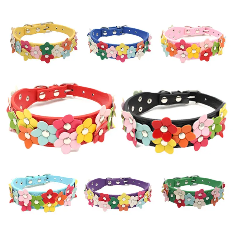 Ошейник для маленьких собак кожаный поводок с цветами домашних животных