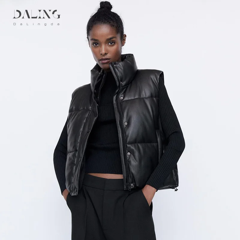 

Dalingda Women 2021 Fashion Leather Cotton Cropped Padded Waistcoat Vintage Sleeveless Female Outerwear Streetwear