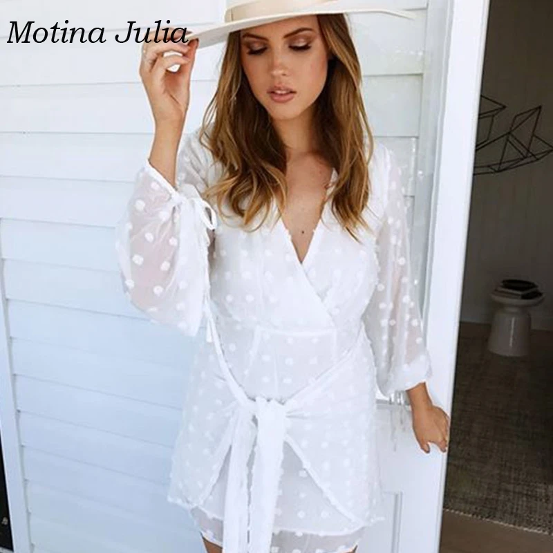 Motina Julia sexy white chiffon Jacquard dress eyelet long sleeve neck bow women vestidos 2019 trendy | Женская одежда