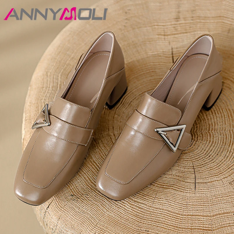 

ANNYMOLI Genuine Leather Loafers Shoes Women Chunky Spring Heels Pumps Buckle Square Toe High Heel Fashion Footwear Apricot 40