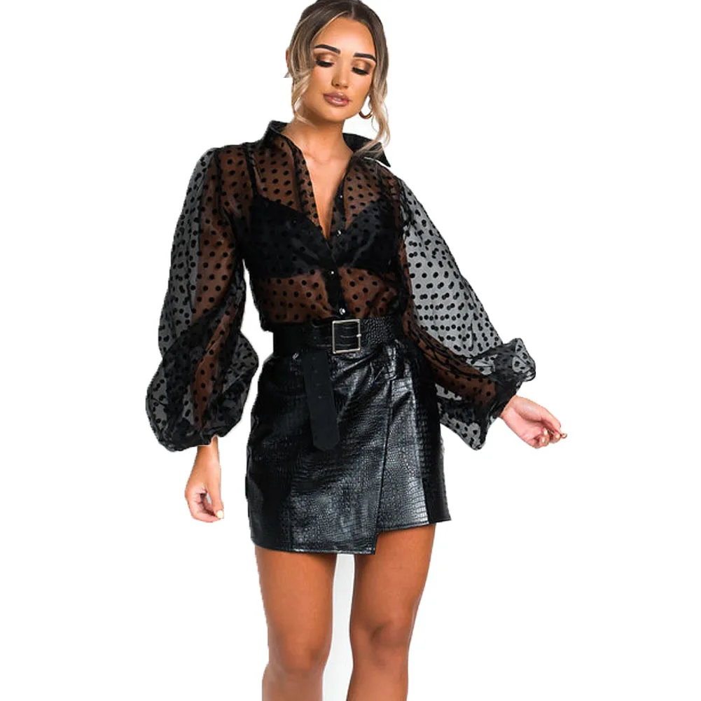 Женская прозрачная сетчатая блузка белая с длинными рукавами-фонариками и