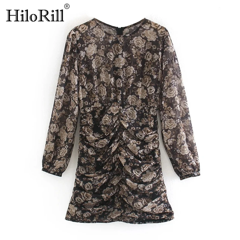 

HiloRill Floral Print Sexy Bodycon Dress O Neck Mini Party Dress See Through Sleeve Sheath Chiffon Dress Pleated Sundress