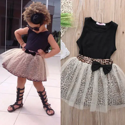 

baby girl sleeveless black tops tutu leopard bow skirt 2pcs sweet suits newborn kids outfits