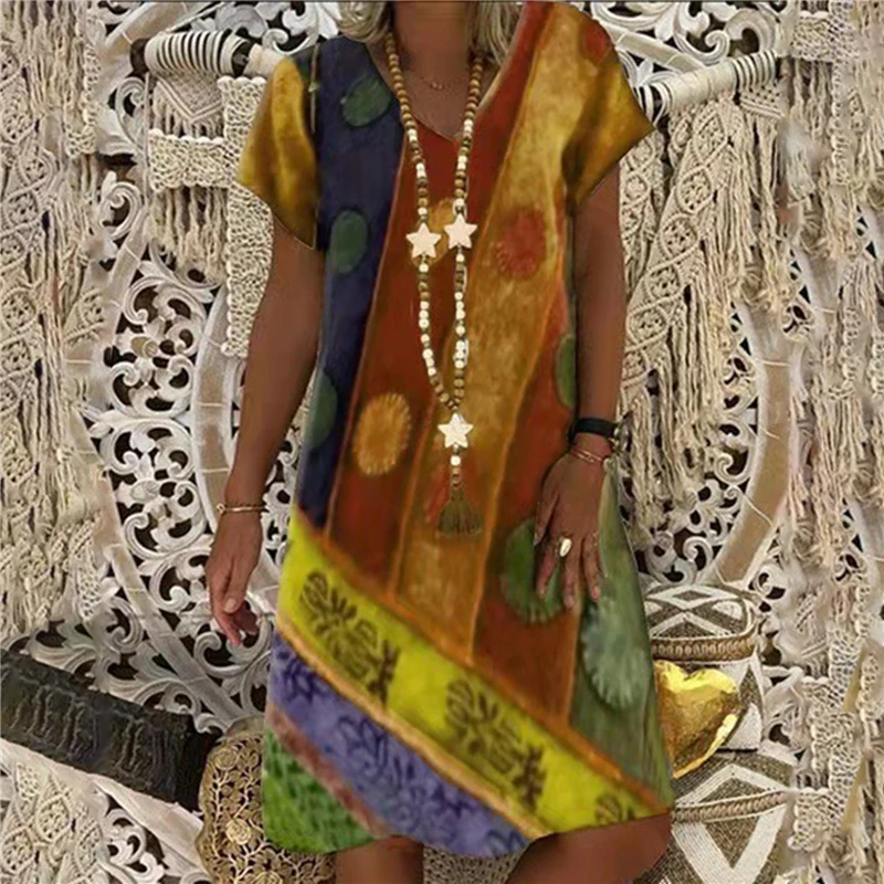 

Women's Dress 2021 Summer New Fashion Women's Vintage Printed Loose Casual Short Sleeve Plus Size Dress