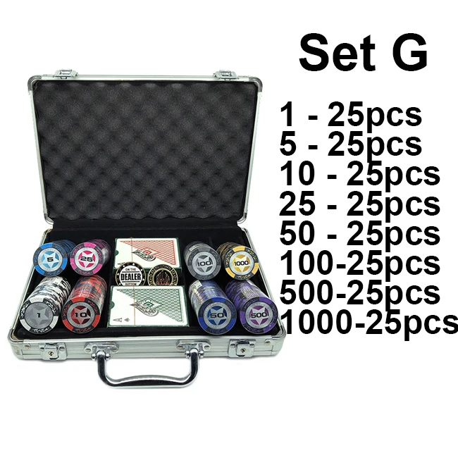 Set G Набор фишек для покера серии World, 200 шт., с дилером и все в комплекте, 2 пластиковые игральные карты и чемодан, 40*3,4 мм, 14 г - Цвет: Set G