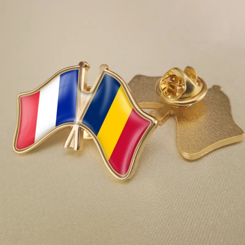 

France and Chad Crossed Double Friendship Flags Lapel Pins Brooch Badges