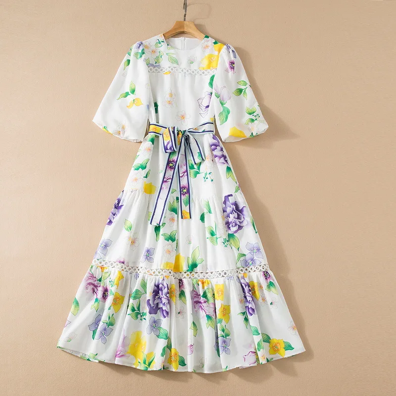 European and American women's wear spring 2022 new Half sleeve hollow Fashionable belt floral print pleated dress