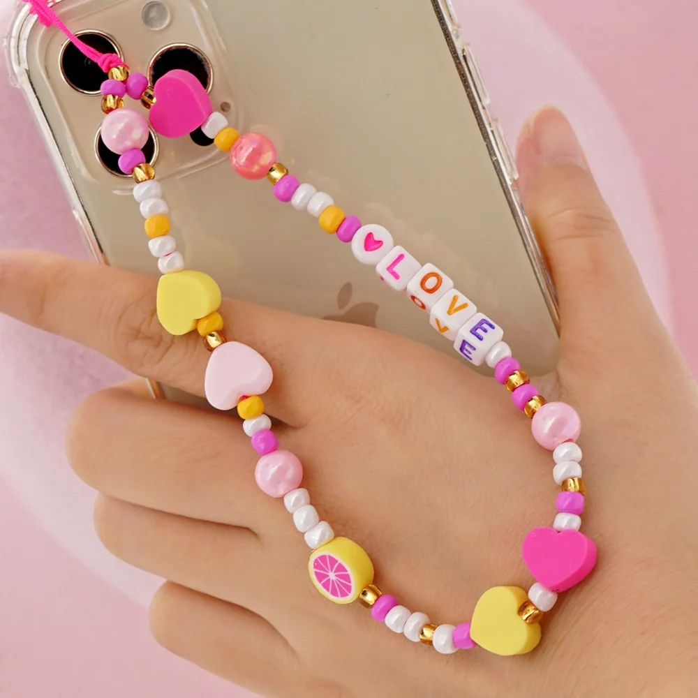 

Cute Heart Phone Chain 2021 Boho Aesthetic Acrylic Beads Accessories Rainbow Letter Women Jewelry Rope for Mobile Sweet Gift