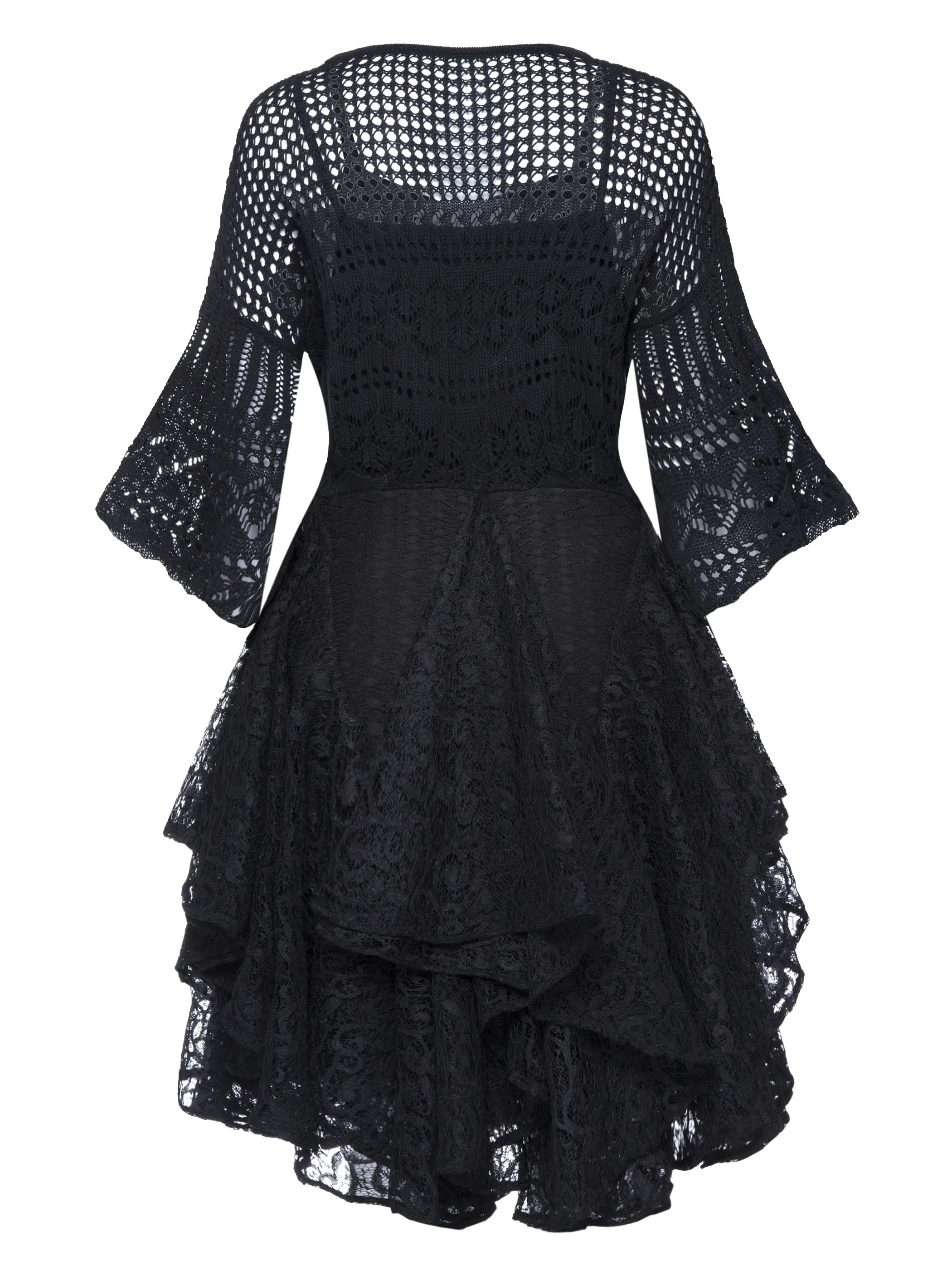 

Women Retro Dresses Black Gothic Vintage Elegant OL Ladies Aline Hollow Butterfly Sleeve Female Fashion Goth Short Dress Chic