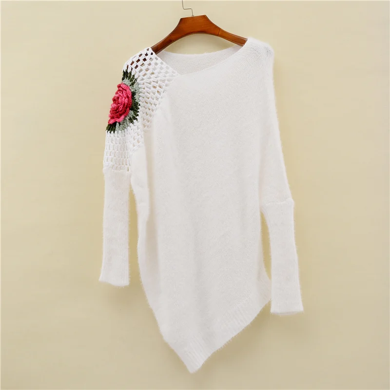 

Fashion Autumn Winter Women sweater Batwing sleeve handmade Rose Hollow out on Shoulder Pullover Lady Slim Knitting Sweater