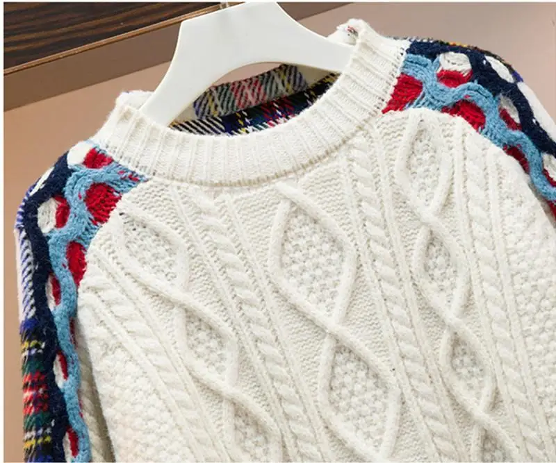 

Autumn Women Loose Plaid Patchwork Knitted Thick Warm Jumpers Sweater Tops Winter Chic Vintage Oversized Sweaters Pullover