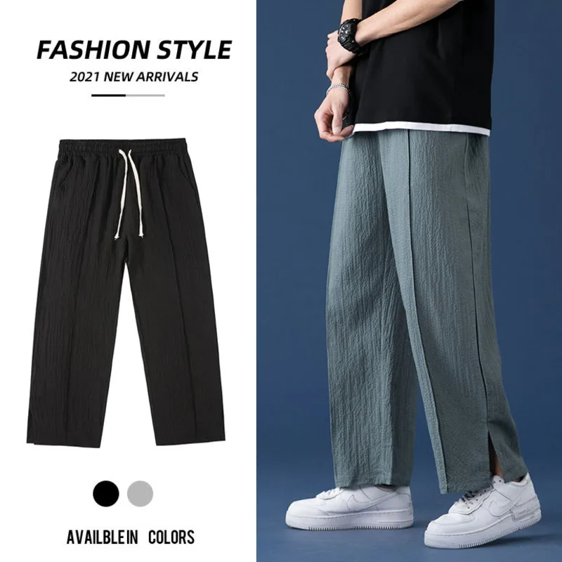 

Summer Pure Color Ice Silk Straight-leg Pants Men Korean Fashion Loose Casual Pants Men's Harajuku Streetwear Wide-leg Pants Men