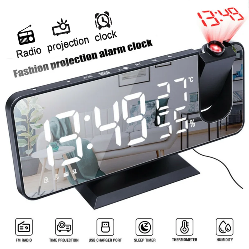 

LED Digital Alarm Clock Table Watch Electronic Desktop Clocks USB Wake Up FM Radio Time Projector Snooze Function 2 Alarm