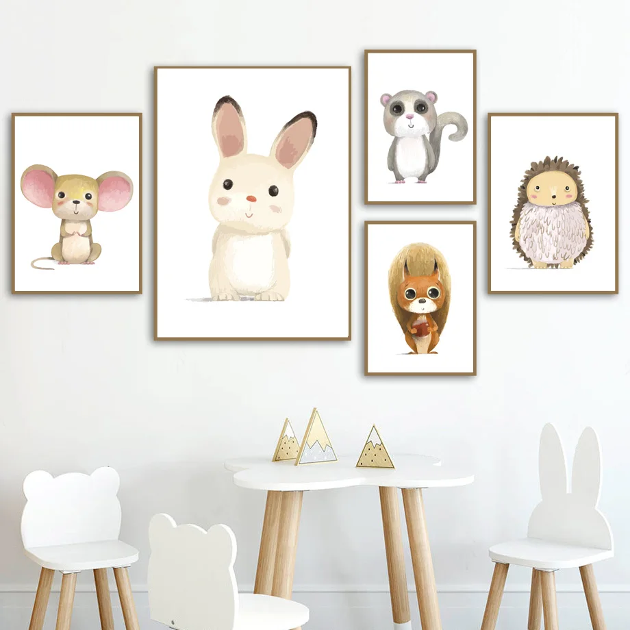 

Cartoon Rabbit Mouse Squirrel Hedgehog Animals Nordic Posters and Prints Wall Art Canvas Painting Wall Pictures Kids Room Decor