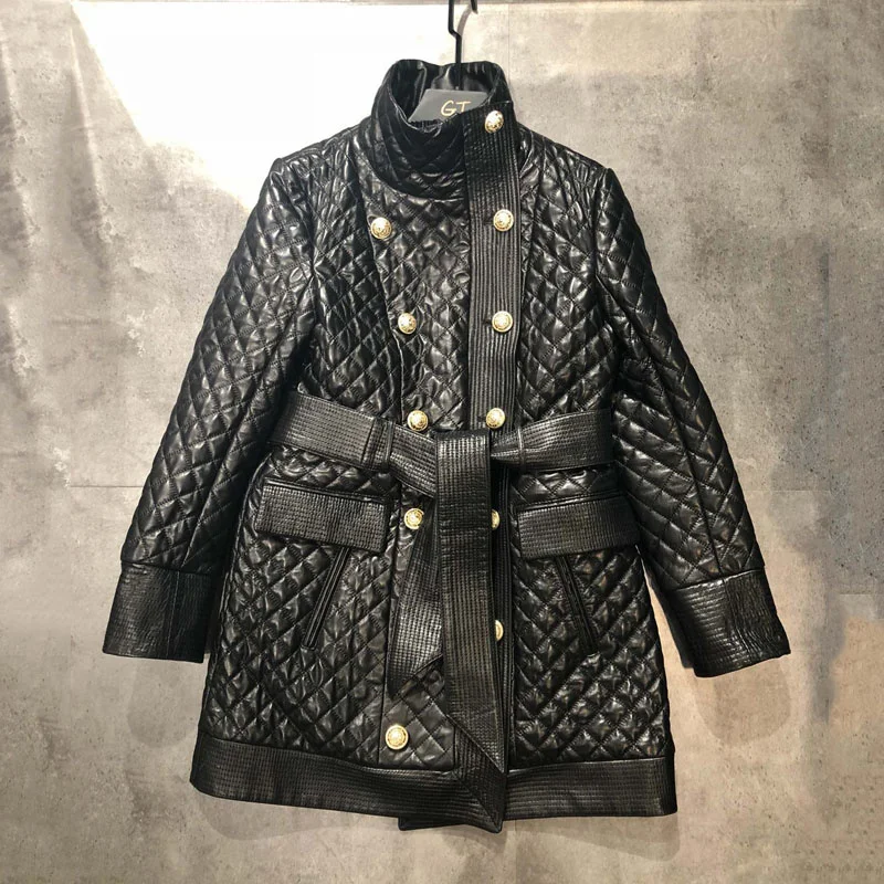 

Spring Coat Women And Autumn New Fashion Casual Genuine Leather Jacket With Belt Diamond Grid Pattern Outerwear Fillers Cotton