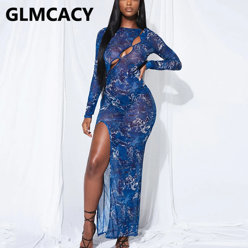 

Long Sleeve Mesh See Through Maxi Dress Slim Slit Party Club Dress