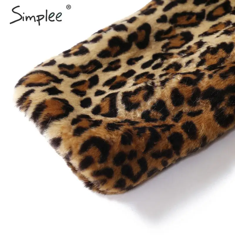 Simplee Leopard print women faux fur coat Lace up zippers pockets female warm overcoats Loose streetwear ladies winter jackets | Женская