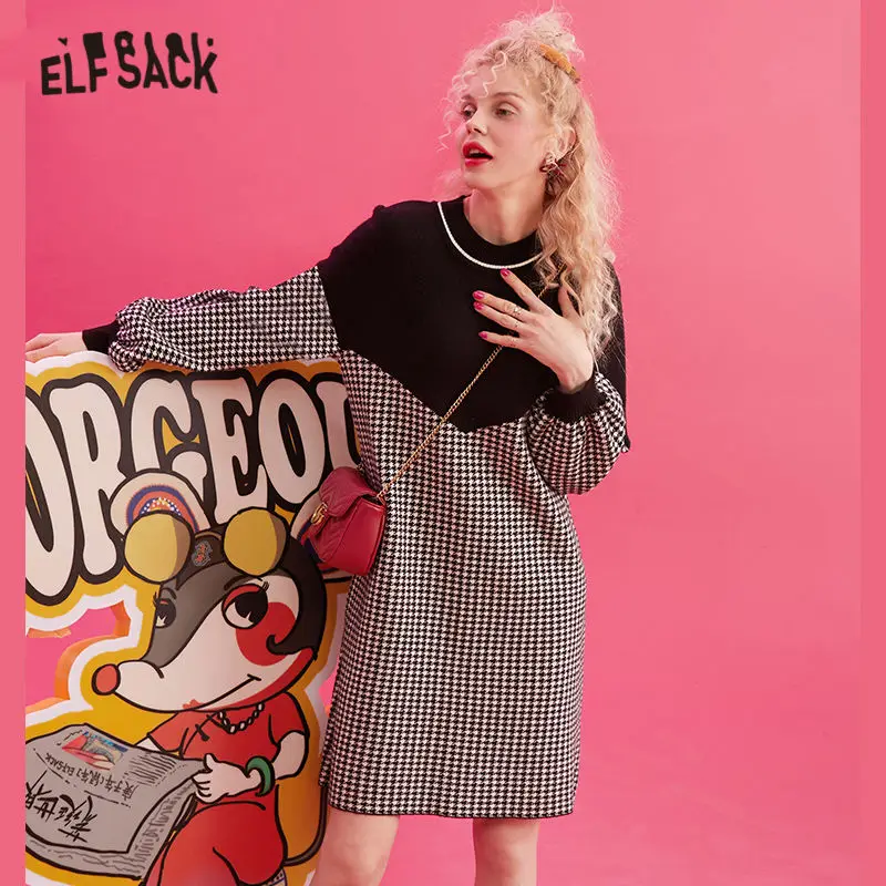 Женское трикотажное платье пуловер в клетку с рукавом фонариком|Женские платья| |