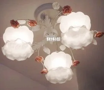 

European-style garden living room Romantic Restaurants white wrought iron pink ceramic flowers glass lampshade Ceiling Lamp c133