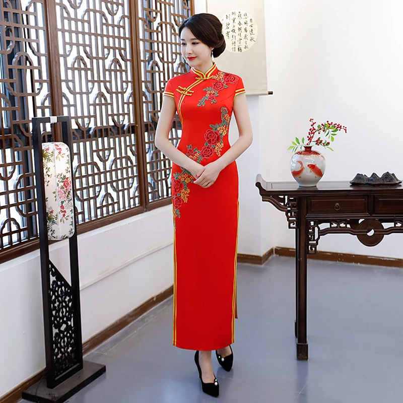 Красное Длинное Платье-Ципао в китайском стиле с коротким рукавом женские