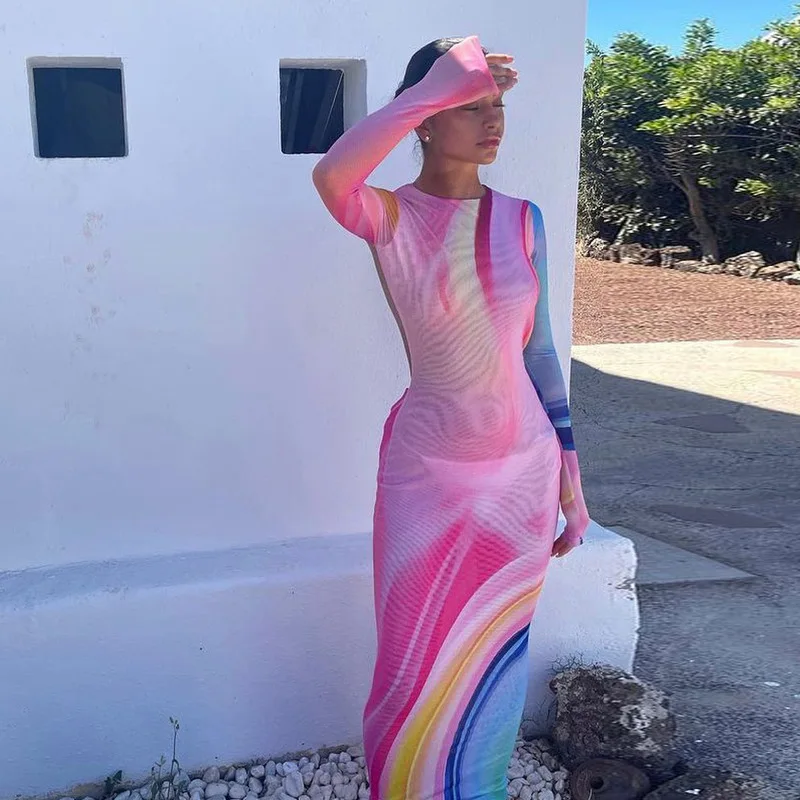 

Lady Sexy Long Bodycon Dresses See Through Backless Party Vacation Printed Halter Tie Up Mesh Sheath Women Vestidos Dress