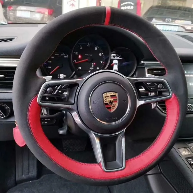 

Для Porsche Macan Cayenne 2015 2016 черная замша красная кожа Ручное шитье чехол на руль DIY Украшение интерьера