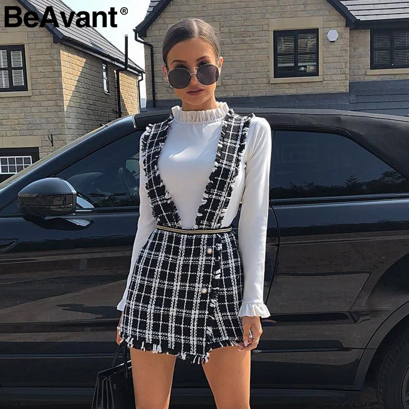 BeAvant А-силуэт твидовая клетчатая Женская юбка комбинезон Осень Зима Повседневная Женская Зимняя юбка спагетти ремень женский мини комбинезон юбка