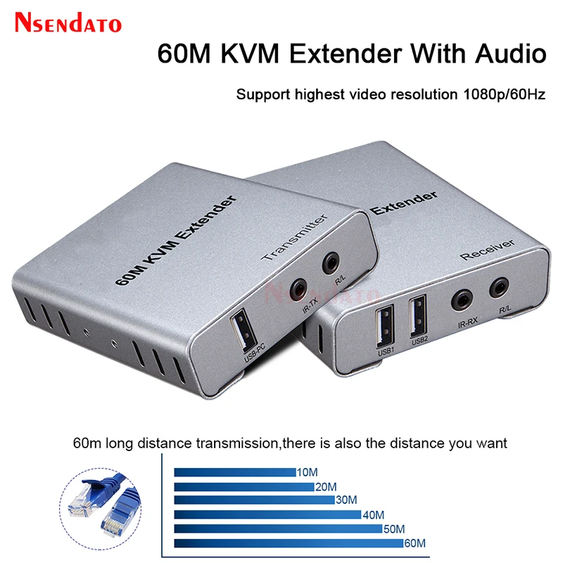 60 м USB KVM HD удлинитель по CAT5E Cat6 RJ45 Ethernet кабель передатчик приемник аудио видео