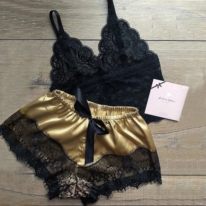 Пижама женская кружевная с V-образным вырезом ночная рубашка без рукавов на