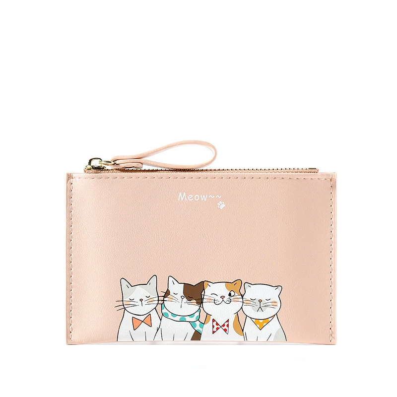 

FUDEAM Leather Cat Cartoon Women Coin Purse Portable Credit ID Card Holder 3 Bits Card Purse Cute Zipper Keychain Coin Wallet