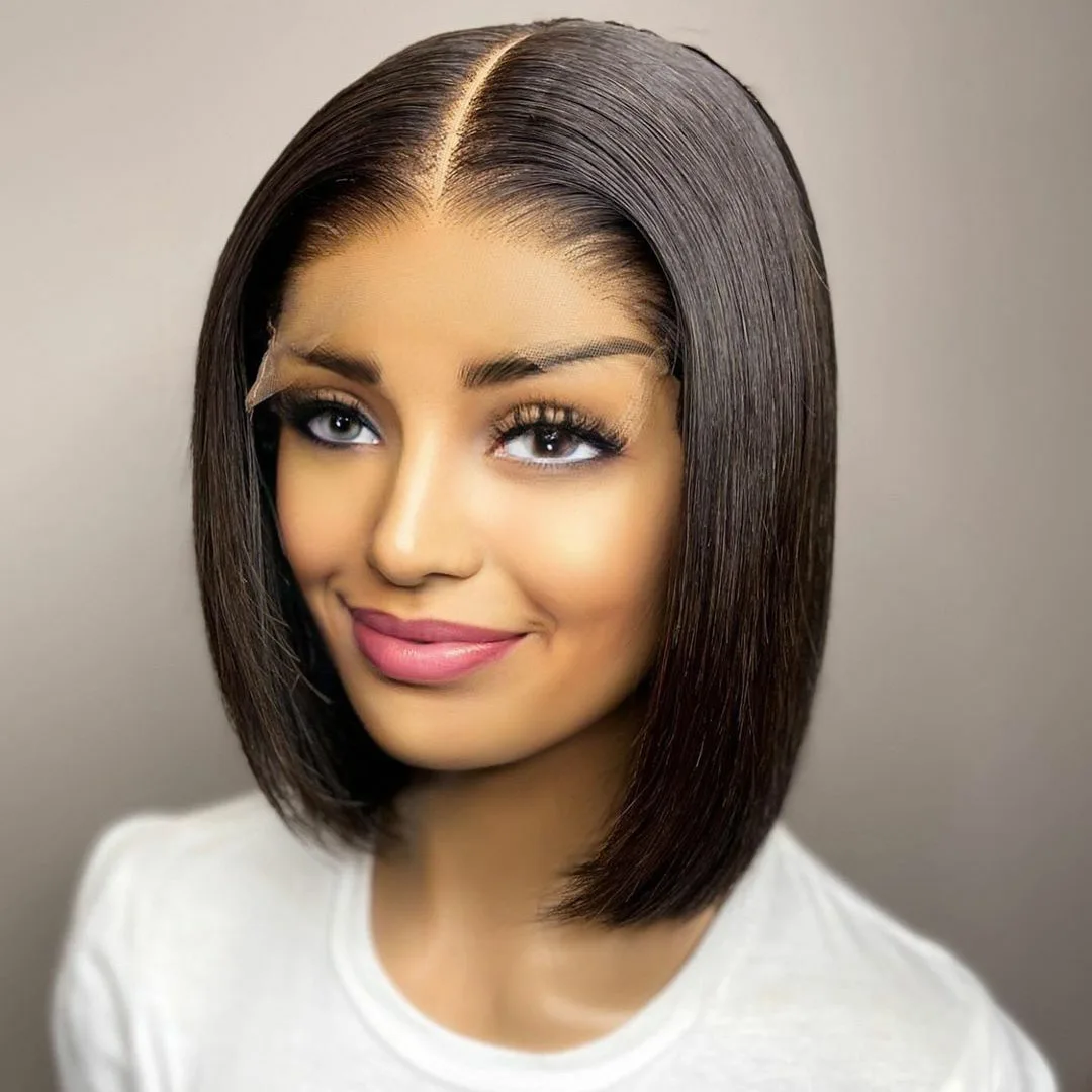 14 Inch Jet Black Short Bob Hair Wigs For Women Baby hair Natural Hairline Lace Front Wig Synthetic Cosplay Daily | Шиньоны и парики