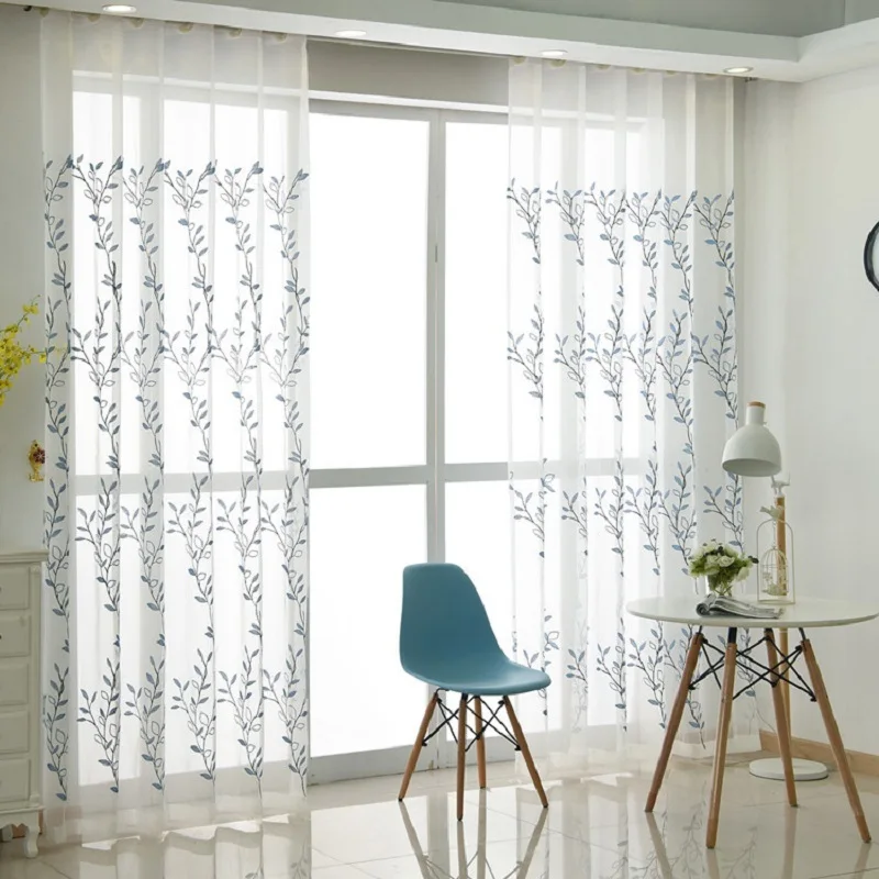 

White Embroidered Curtain Blue Leaves Tulle Sheers for Living Room The Bedroom Tulle Curtain Custom French Window European Style
