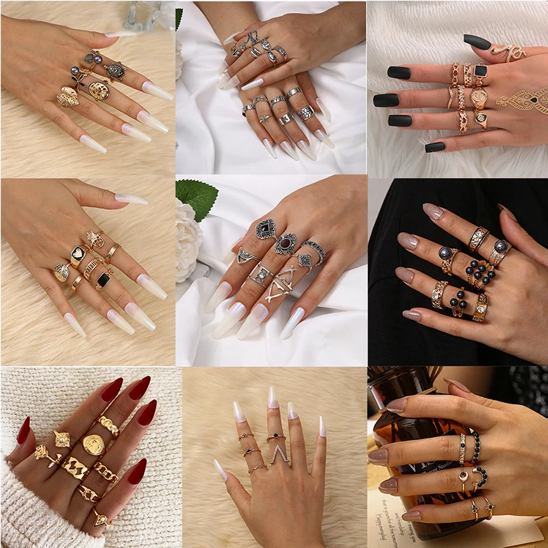

2021 Fashion Bohemian Geometric Finger Ring Sets For Women Jewelry Pearl Stone Hollow Circle Chain Snake Butterfly Knuckle Rings