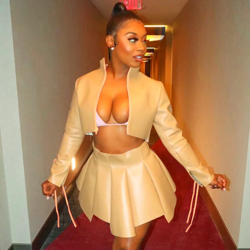 

Женский Повседневный костюм, элегантный комплект из двух предметов, куртка из искусственной кожи с длинным рукавом и короткая юбка трапеци...