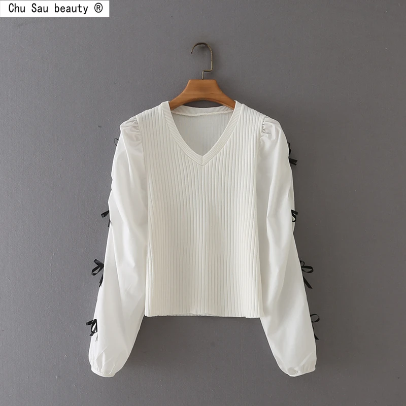 

Женский трикотажный пуловер с V-образным вырезом и рукавами-фонариками