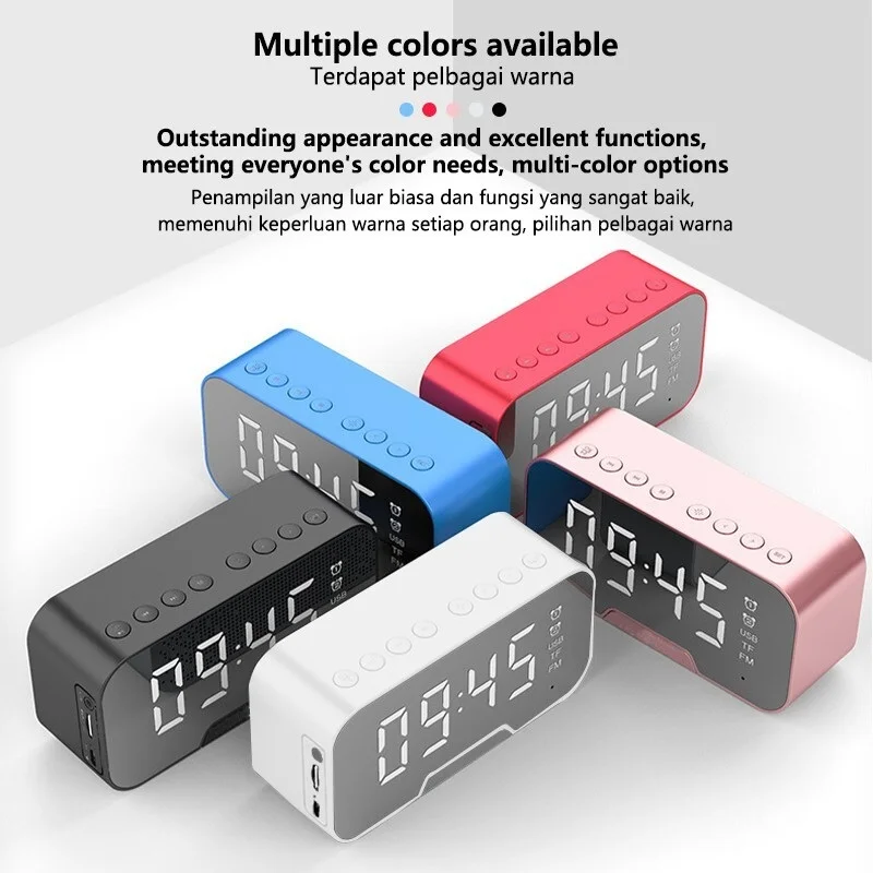 

With FM Radio LED Mirror Alarm Clock Bluetooth Speaker Wireless Subwoofer Music Player Desktop Clock