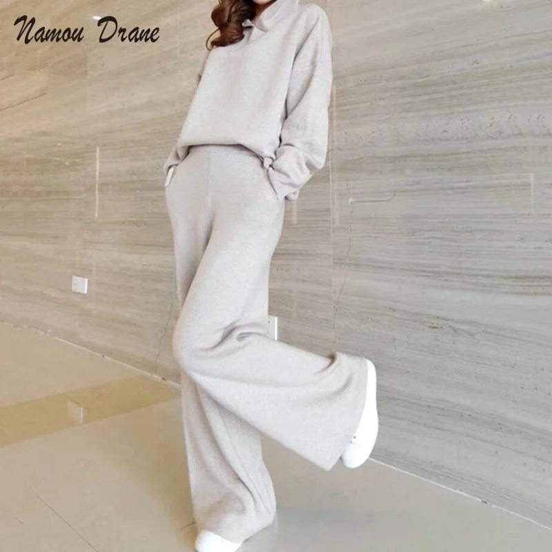 

Женский трикотажный костюм из 2 предметов, блузка свободного покроя с капюшоном и брюки с широкими штанинами и эластичным поясом, Осень-зима...