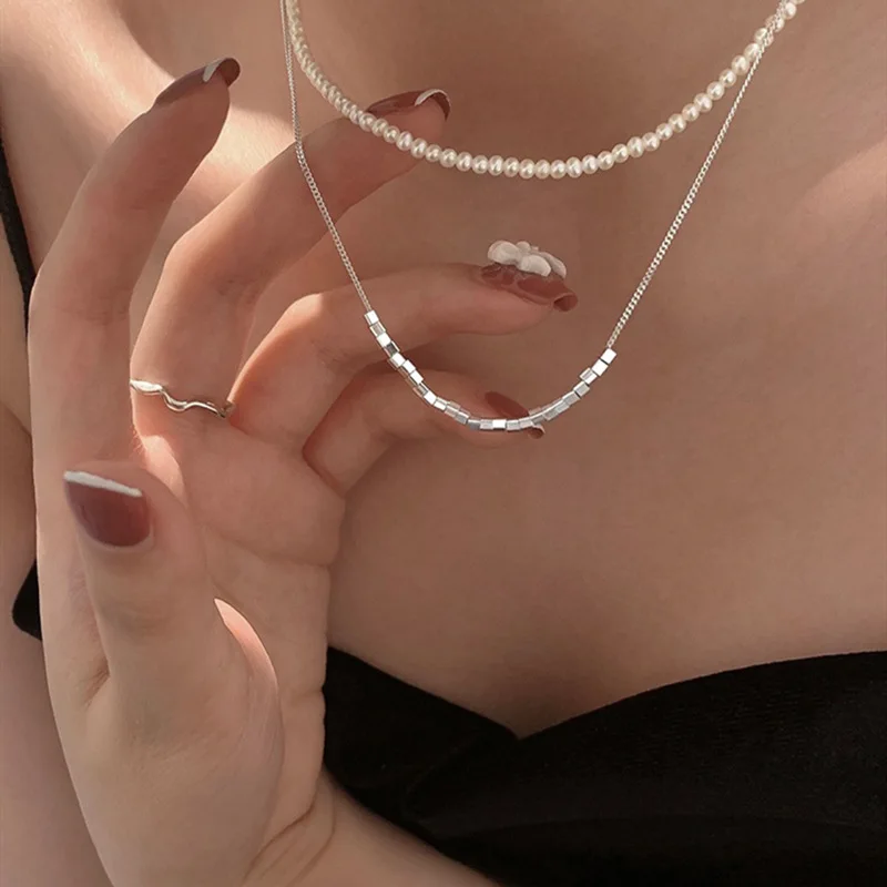 

Silver Square Beads Tassel Necklace New Female Summer Simple Clavicle Chain Long Geometric Chain Woman Fashion Jewelry
