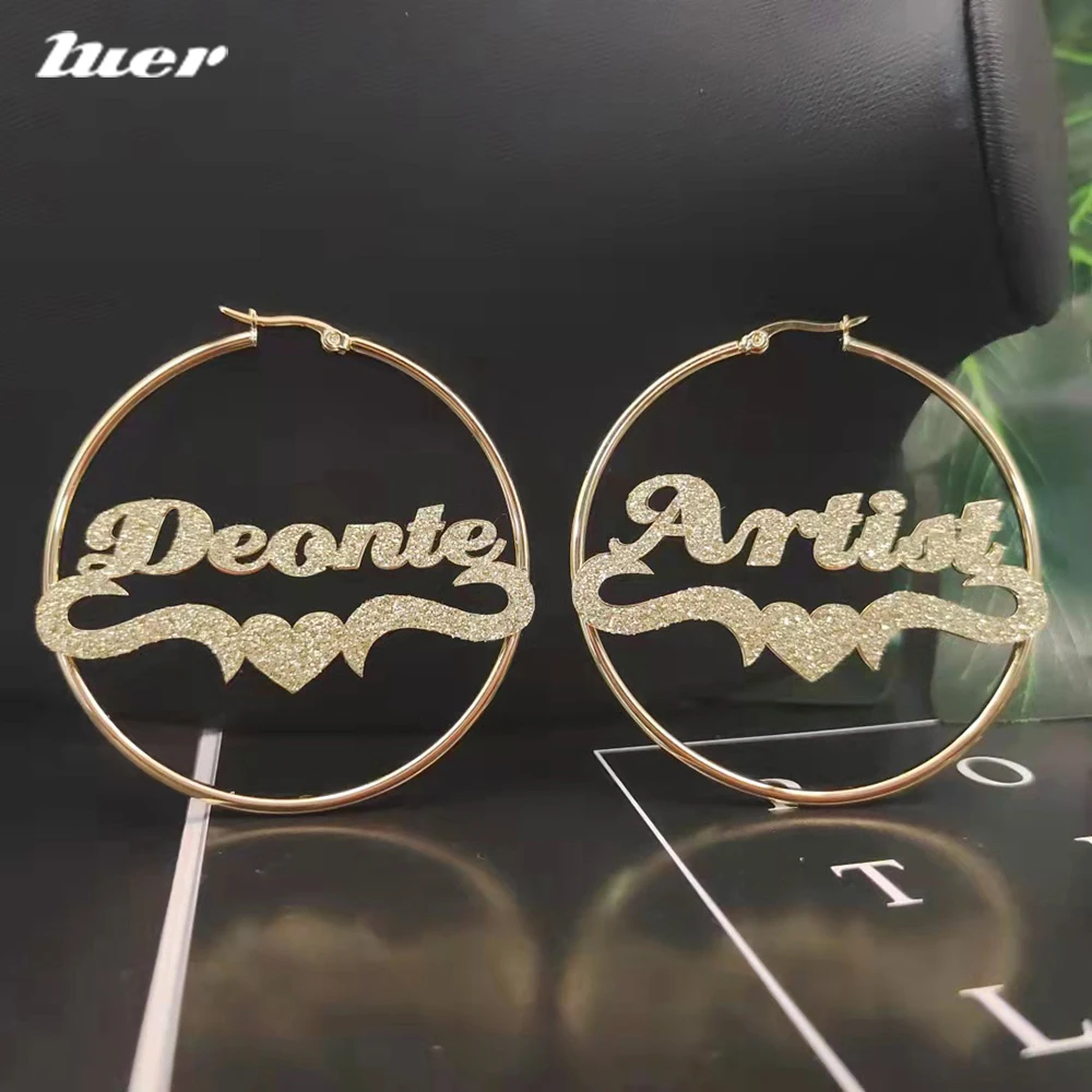 LUER 30-100MM Custom Name Hoop Earrings Personalized Stainless Steel Big Earrings Colorful Design  For Women Hiphop Jewelry Gift