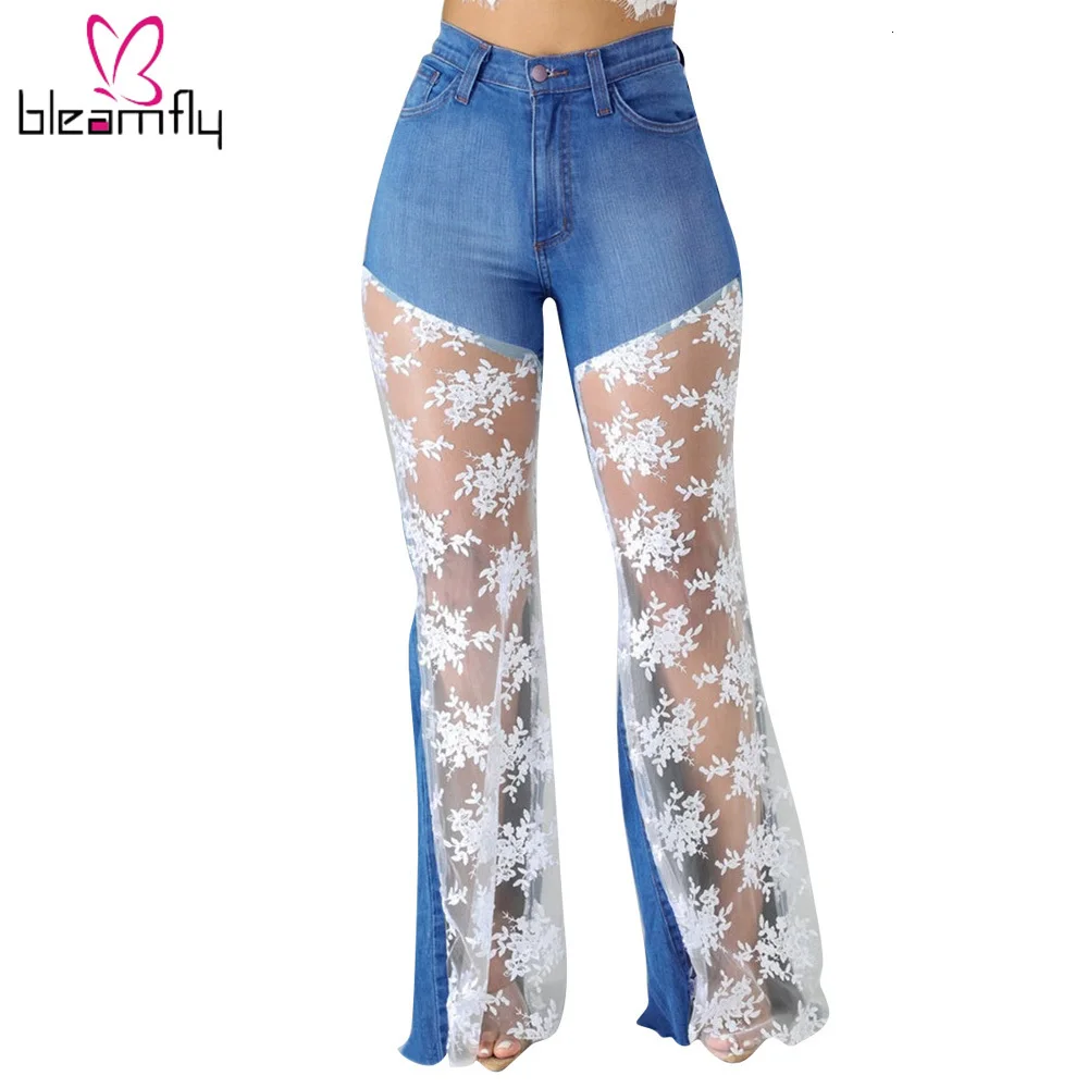 Женские осенне зимние повседневные джинсы с высокой талией на молнии кружевами в