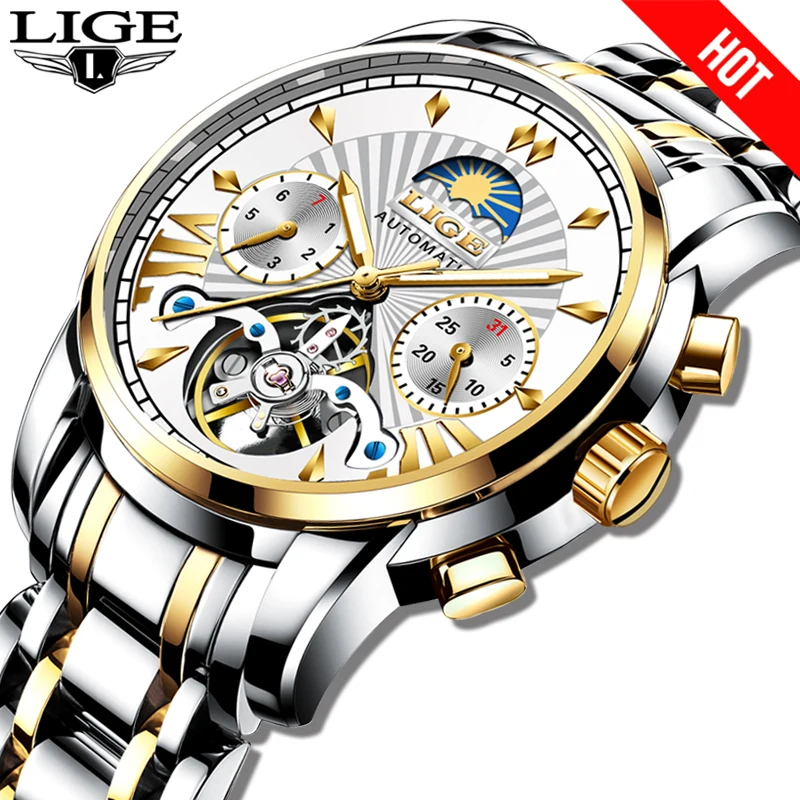 Часы наручные LIGE Мужские автоматические брендовые Роскошные Механические