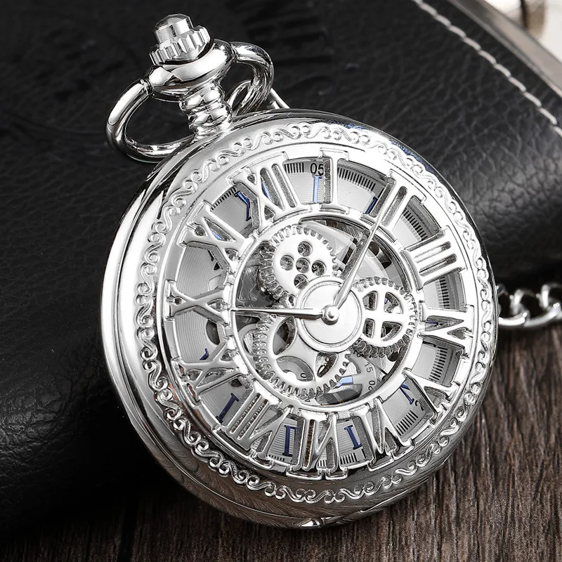 

Unique Silver Mechanical Pocket Watch Man Women Exquisite Carved Roman Numberal Dial Design Steampunk FOB Chain Clock Gifts New