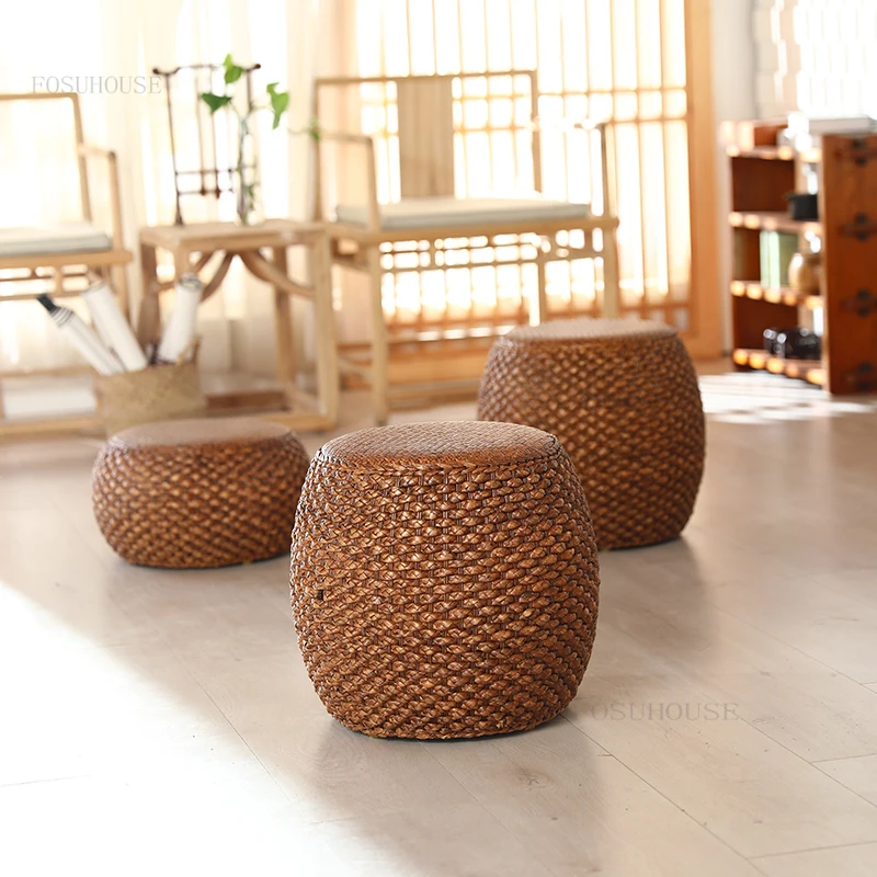 

Nordic Creative Round Stool Real Rattan Creative Shoe Stool Home Furniture Footstool Living Room Retro Sturdy Stool