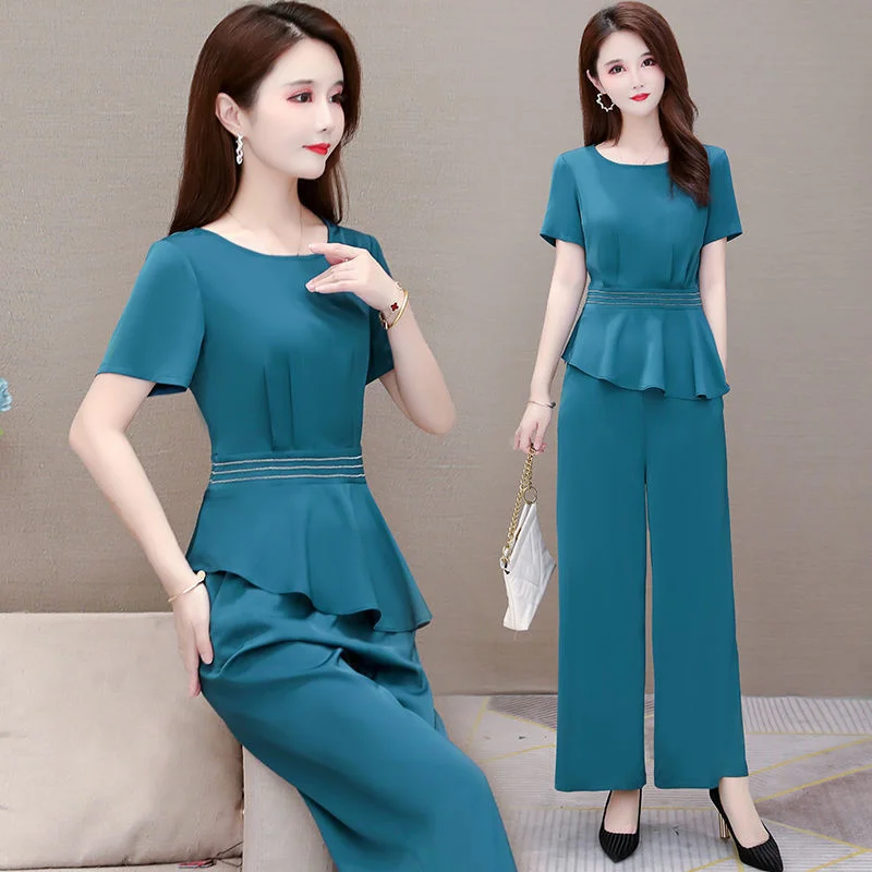 Women's Suit T-shirt And Wide Leg Pants Two Piece Set 2022 Spring Summer New Slim Casual Solid Color Capris Plus Size Clothing