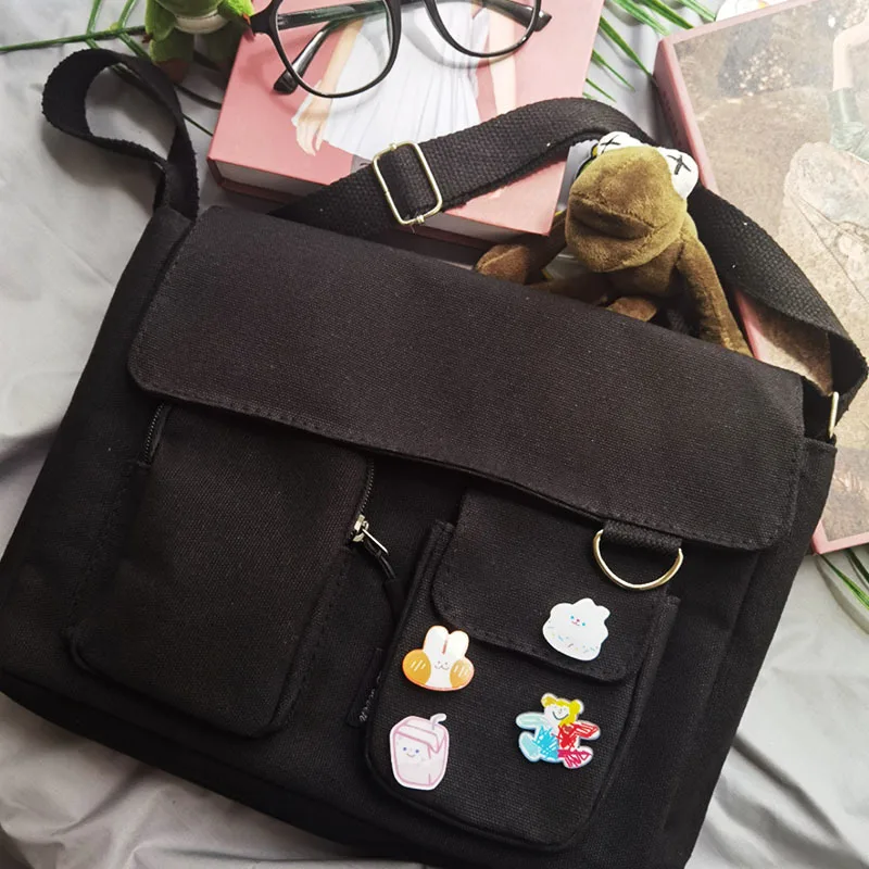 

Woman Many Pockets Canvas Bag Female Messenger Bag School Bag Shopping Bag Black White Pendant Casual Girl's Shoulder Bags