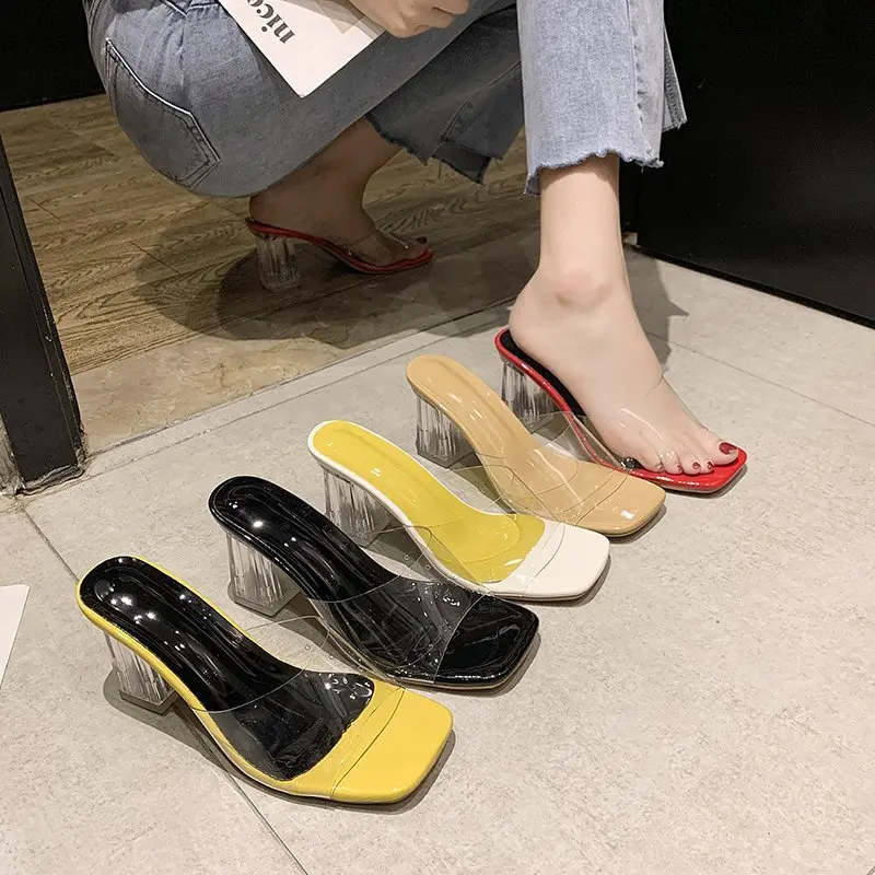 

Glitter Slides Slippers Soft Shoes Slipers Women Transparent Heel Square heel Fashion Heeled Mules Jelly Comfort 2021 Block Luxu